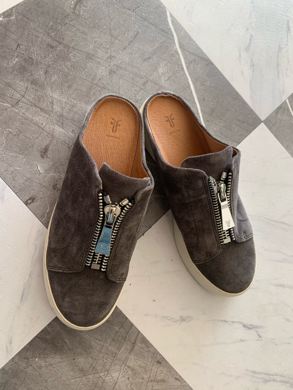 Frye Dark Gray Suede Zip-Front Mule Sneakers
